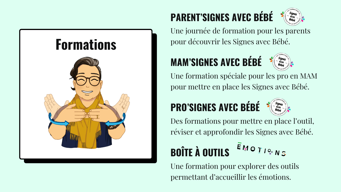 Les formations de la Diffé'Rance pour découvrir les signes avec bébé, mettre en place l'outils en MAM ou en structure, explorer des outils permettant d'accueillir les émotions